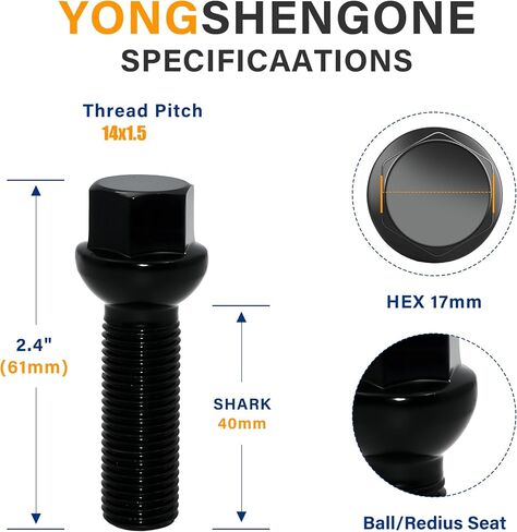 40mm Shank 14x1.5 Lug Bolts, 20pcs Black Ball Seat 61mm Tall Lug Studs for Wheel Spacers, 17mm Hex, 40mm Thread Length Extended Wheel Hub Bolt in Saudi Arabia