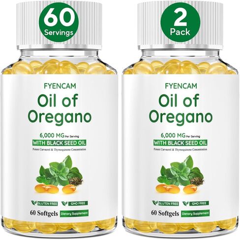 Oil of Oregano with Black Seed Oil, 6000mg Oregano Oil Capsules Organic with Carvacrol & Thymoquinone, 2 in 1 Supplement for Immune Health, Non-GMO, Easy to Swallow, 2 Bottle, Total 120 Softgels in Saudi Arabia