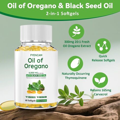 Oil of Oregano with Black Seed Oil, 6000mg Oregano Oil Capsules Organic with Carvacrol & Thymoquinone, 2 in 1 Supplement for Immune Health, Non-GMO, Easy to Swallow, 2 Bottle, Total 120 Softgels in Saudi Arabia