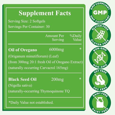 Oil of Oregano with Black Seed Oil, 6000mg Oregano Oil Capsules Organic with Carvacrol & Thymoquinone, 2 in 1 Supplement for Immune Health, Non-GMO, Easy to Swallow, 2 Bottle, Total 120 Softgels in Saudi Arabia