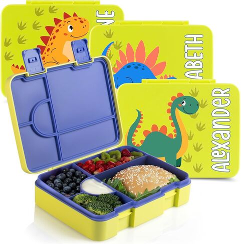 صندوق Bento مخصص للأطفال مع موضوع ونمط الديناصورات - أصفر - 5 مقصورات Bento Box ، غسالة الصحون آمنة ، مصنوعة من مواد خالية من BPA ، صندوق غداء Bento للأطفال والأطفال الصغار in Kuwait
