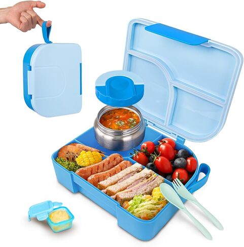 TinyPalsa Bento Box for Kids, 3 Compartment Kids Lunch Box with 10oz Leak Proof Thermos Food Jar, Easy-Open Latch, Dishwasher Safe, Ideal for School, Daycare, Travel with Portable Handle (Blue) in Saudi Arabia