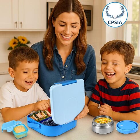TinyPalsa Bento Box for Kids, 3 Compartment Kids Lunch Box with 10oz Leak Proof Thermos Food Jar, Easy-Open Latch, Dishwasher Safe, Ideal for School, Daycare, Travel with Portable Handle (Blue) in Saudi Arabia