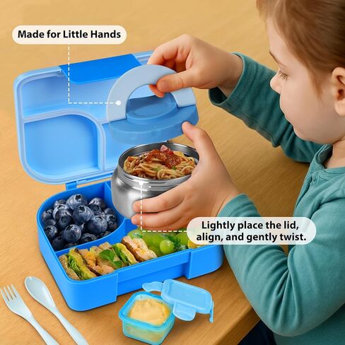TinyPalsa Bento Box for Kids, 3 Compartment Kids Lunch Box with 10oz Leak Proof Thermos Food Jar, Easy-Open Latch, Dishwasher Safe, Ideal for School, Daycare, Travel with Portable Handle (Blue) in Saudi Arabia