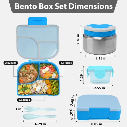 TinyPalsa Bento Box for Kids, 3 Compartment Kids Lunch Box with 10oz Leak Proof Thermos Food Jar, Easy-Open Latch, Dishwasher Safe, Ideal for School, Daycare, Travel with Portable Handle (Blue) in Saudi Arabia