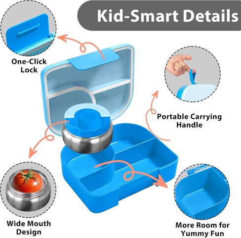 TinyPalsa Bento Box for Kids, 3 Compartment Kids Lunch Box with 10oz Leak Proof Thermos Food Jar, Easy-Open Latch, Dishwasher Safe, Ideal for School, Daycare, Travel with Portable Handle (Blue) in Saudi Arabia