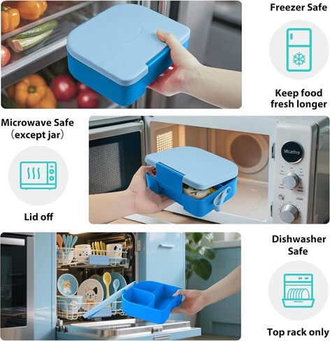TinyPalsa Bento Box for Kids, 3 Compartment Kids Lunch Box with 10oz Leak Proof Thermos Food Jar, Easy-Open Latch, Dishwasher Safe, Ideal for School, Daycare, Travel with Portable Handle (Blue) in Saudi Arabia