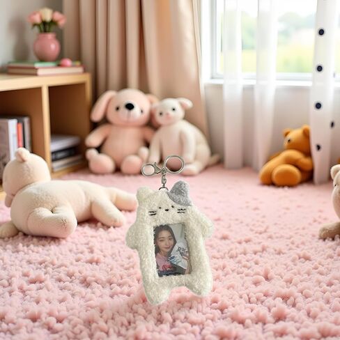 White Plush Rabbit Photocard Holder with Keychain, Cute Cartoon Plush Photocard Holder- ID Card Cover Protective Card Rabbit Identification Badges Supplies, Car Keychain, Business Card Holders in Saudi Arabia