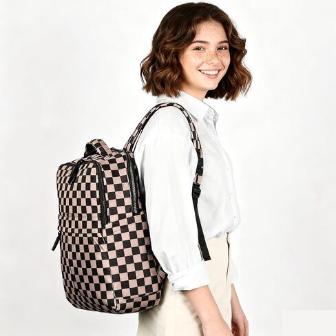 Checkered Backpack for Women Nylon Fashion Backpack for Women with Multi Compartment Purses for Travel and Work in Kuwait