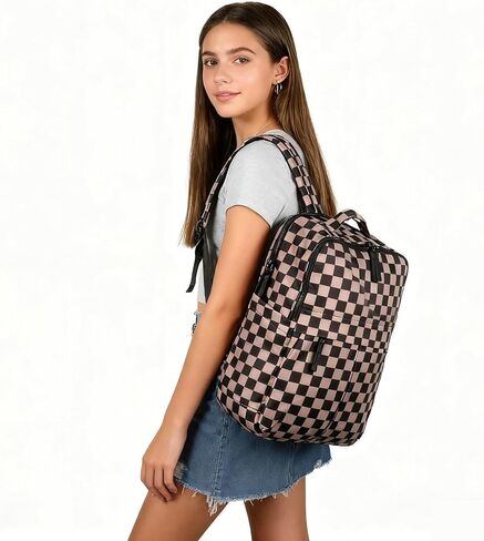 Checkered Backpack for Women Nylon Fashion Backpack for Women with Multi Compartment Purses for Travel and Work in Kuwait