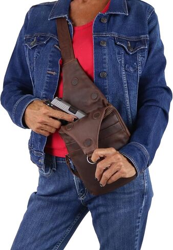 Dakota Unisex Leather Concealed Carry Sling Bag - Medium Frame Handgun - Concealment pockets with Magnetic Closure and Universal Holster Backpack (Dark Brown) - 7" L x 15" H x 2" D in Saudi Arabia