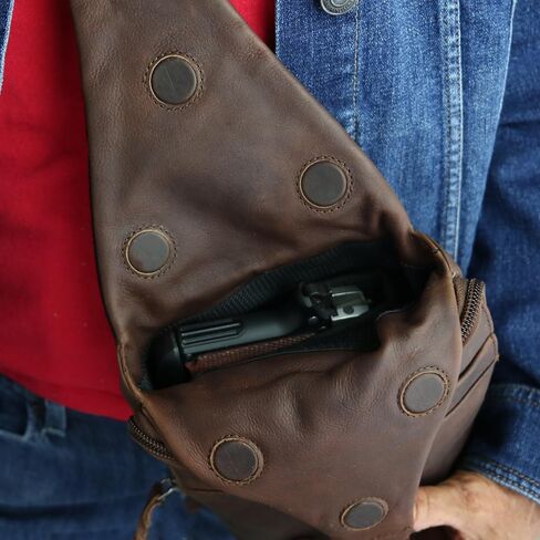 Dakota Unisex Leather Concealed Carry Sling Bag - Medium Frame Handgun - Concealment pockets with Magnetic Closure and Universal Holster Backpack (Dark Brown) - 7" L x 15" H x 2" D in Saudi Arabia
