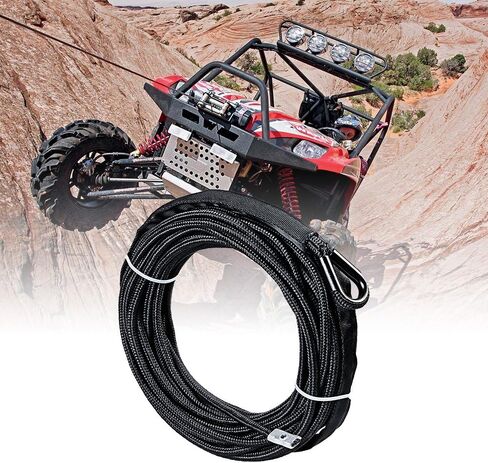 50 قدم × 1/4 بوصة 7000 رطل حبل خط الاصطناعية رافعة الحبل مع حارس الحرارة الصخرية لشاحنة ATV UTV SUV (أسود) in Saudi Arabia