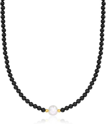 Ross-Simons 8.5-9mm Cultured Pearl and 4-4.5mm Onyx Bead Necklace With 18kt Gold Over Sterling in Saudi Arabia