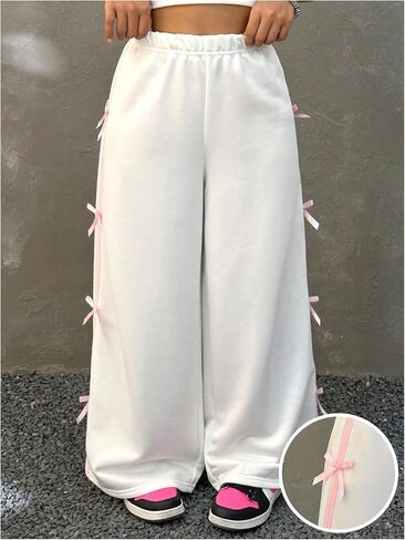 Floerns Girl's Y2k Bow Side Sweat Pants Elastic Waist Straight Leg Street Sweatpants in Saudi Arabia