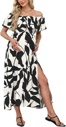 CUPSHE Women's Maternity Dresses for Photoshoot Ruffle Off Shoulder Short Sleeve Slit Hem Maxi Dress in Saudi Arabia