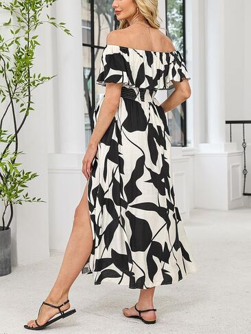 CUPSHE Women's Maternity Dresses for Photoshoot Ruffle Off Shoulder Short Sleeve Slit Hem Maxi Dress in Saudi Arabia