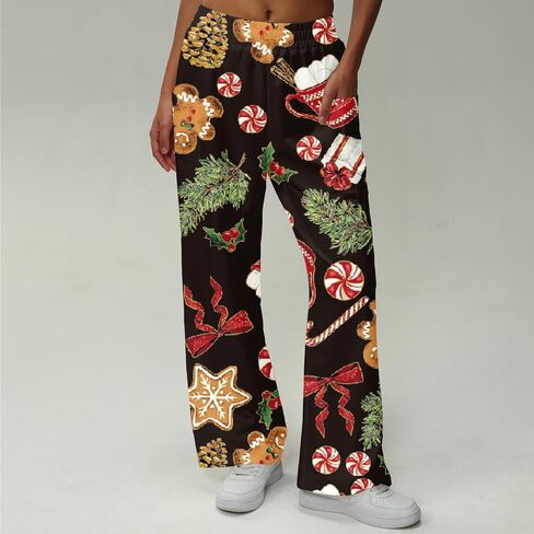 Women Pants Christmas Holiday Print Wide Leg High Waist Elastic Waistband Graphic Trousers Casual Streetwear Winter Outfits in Saudi Arabia