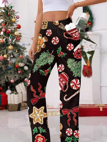 Women Pants Christmas Holiday Print Wide Leg High Waist Elastic Waistband Graphic Trousers Casual Streetwear Winter Outfits in Saudi Arabia