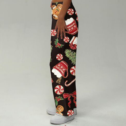 Women Pants Christmas Holiday Print Wide Leg High Waist Elastic Waistband Graphic Trousers Casual Streetwear Winter Outfits in Saudi Arabia