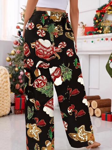 Women Pants Christmas Holiday Print Wide Leg High Waist Elastic Waistband Graphic Trousers Casual Streetwear Winter Outfits in Saudi Arabia