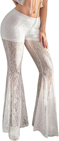 SHENHE Women's Sheer Lace Bell Bottom Pants Y2k Low Rise Elastic Waist Fairycore Flare Pants in Saudi Arabia