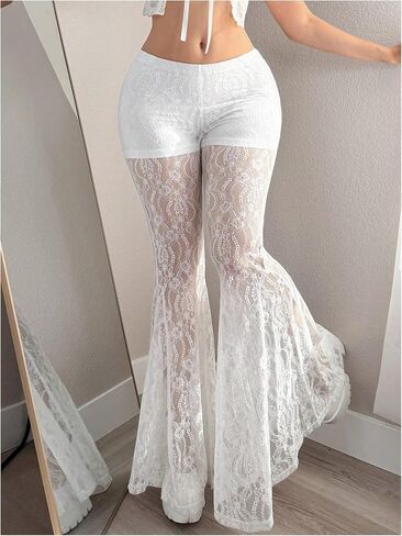 SHENHE Women's Sheer Lace Bell Bottom Pants Y2k Low Rise Elastic Waist Fairycore Flare Pants in Saudi Arabia
