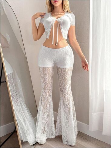 SHENHE Women's Sheer Lace Bell Bottom Pants Y2k Low Rise Elastic Waist Fairycore Flare Pants in Saudi Arabia