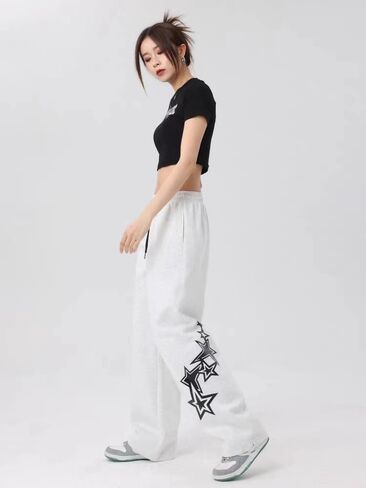Pooyikoi نساء أزياء الشوارع العرقات المرنة مرنة الخصر فضفاضة ركض y2k النجوم طباعة السراويل harajuku القوطية السراويل الفضفاضة in Kuwait