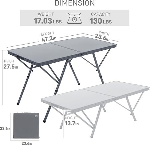 EVER ADVANCED Camping Table, Fold up Lightweight, 4-6 Person Portable Roll up Aluminum Table with Carry Bag for Outdoor, Support Up to 110LBS, Black in Kuwait