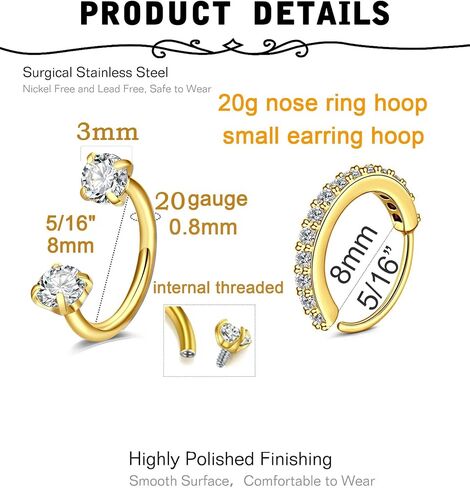 MODRSA Gold Horseshoe Nose Ring 20g Horse Shoe Nose Ring Hoop for Women Surgical Steel Tragus Hoop Cartilage Earring Hoops Helix Piercing Jewelry Double Gem Horseshoe Septum Rings 20 gauge in Saudi Arabia