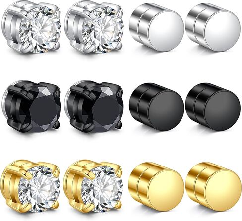 Men's Magnetic Stud Earrings - Non Piercing Fake Clip On Earring Stainless Steel Hypoallergenic Magnet Ear Rings for Men, Fashion Diamond Design, Silver/Black Styles in Saudi Arabia
