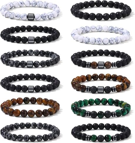 SAMOCO 12Pcs Tiger Eye Bracelets For Men Natural Stone 8mm Beads Bracelets Set Stretch Adjustable Lava Rock Black Crystal Beaded Bracelet for Men Women Gifts in Kuwait