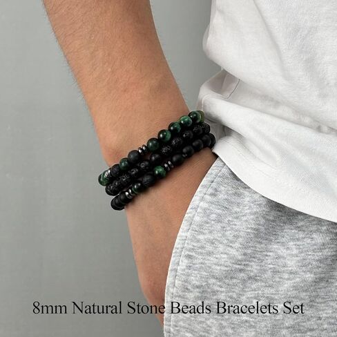 SAMOCO 12Pcs Tiger Eye Bracelets For Men Natural Stone 8mm Beads Bracelets Set Stretch Adjustable Lava Rock Black Crystal Beaded Bracelet for Men Women Gifts in Kuwait