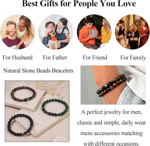 SAMOCO 12Pcs Tiger Eye Bracelets For Men Natural Stone 8mm Beads Bracelets Set Stretch Adjustable Lava Rock Black Crystal Beaded Bracelet for Men Women Gifts in Kuwait