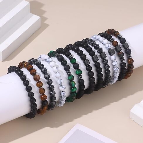 SAMOCO 12Pcs Tiger Eye Bracelets For Men Natural Stone 8mm Beads Bracelets Set Stretch Adjustable Lava Rock Black Crystal Beaded Bracelet for Men Women Gifts in Kuwait