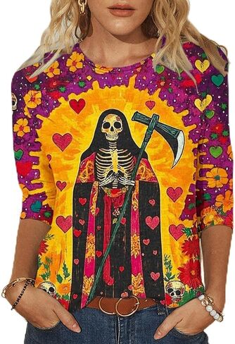Día De Los Muertos Shirts for Women 2025 Mexican Day of Dead T-Shirts Skull Skeleton Print 3/4 Sleeve Tops Sweatshirt in Saudi Arabia