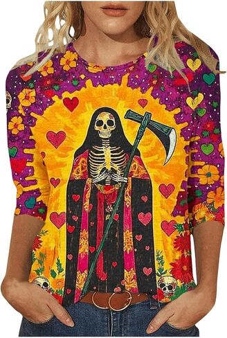 Día De Los Muertos Shirts for Women 2025 Mexican Day of Dead T-Shirts Skull Skeleton Print 3/4 Sleeve Tops Sweatshirt in Saudi Arabia