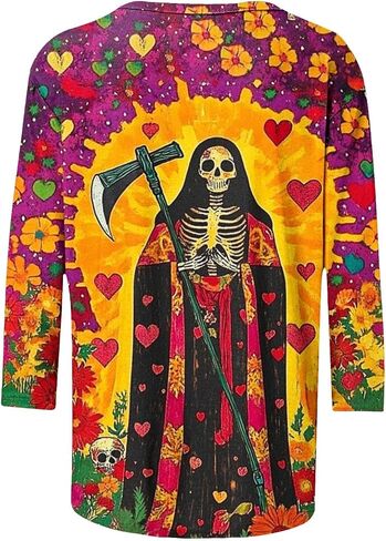 Día De Los Muertos Shirts for Women 2025 Mexican Day of Dead T-Shirts Skull Skeleton Print 3/4 Sleeve Tops Sweatshirt in Saudi Arabia