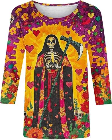 Día De Los Muertos Shirts for Women 2025 Mexican Day of Dead T-Shirts Skull Skeleton Print 3/4 Sleeve Tops Sweatshirt in Saudi Arabia