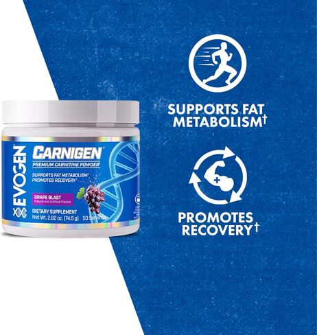 Evogen Carnigen - مسحوق كارنيتين مميز | يدعم استقلاب الدهون ويعزز الانتعاش | مصفوفة ملحق L carnitine خالية من المنشطات مع الأسيتيل L-Carnitine | العنب | 50 حصة in Kuwait