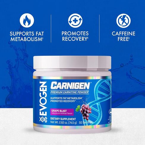 Evogen Carnigen - مسحوق كارنيتين مميز | يدعم استقلاب الدهون ويعزز الانتعاش | مصفوفة ملحق L carnitine خالية من المنشطات مع الأسيتيل L-Carnitine | العنب | 50 حصة in Kuwait