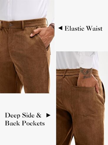 PLEPAN Mens Corduroy Pants - Classic Fit Stretch Elastic Waist Dress Pant in Saudi Arabia
