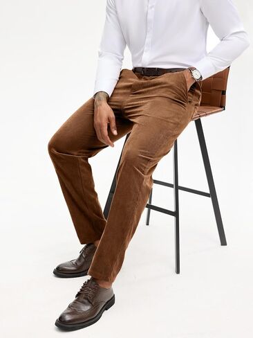 PLEPAN Mens Corduroy Pants - Classic Fit Stretch Elastic Waist Dress Pant in Saudi Arabia