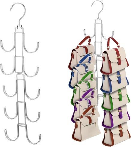 2 Pack Purse Organizer for Closet Collapsible Bag Organizer with 20 Hooks 360° Rotating Display Handbag Rack Hangers for Purses, Belts, Scarves, Ties, Silver in Saudi Arabia