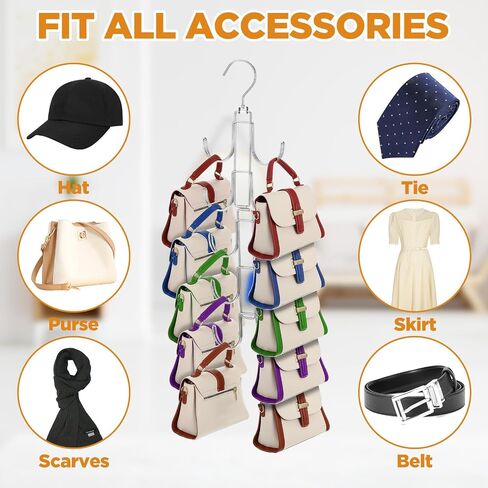 2 Pack Purse Organizer for Closet Collapsible Bag Organizer with 20 Hooks 360° Rotating Display Handbag Rack Hangers for Purses, Belts, Scarves, Ties, Silver in Saudi Arabia
