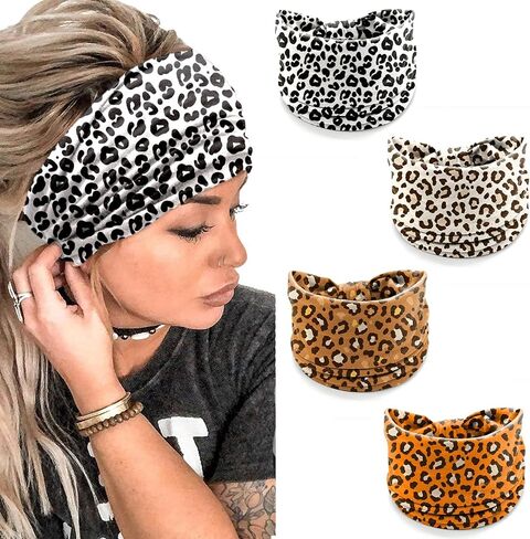 Leopard Print Headbands for Women – 4 Pack Wide Stretchy Turban Hair Bands, Fashion Animal Print Head Wraps for Workout, Makeup, Casual & Street Style in Saudi Arabia