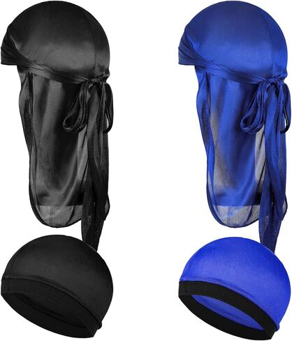 4Pcs Premium Durag Pack for Men Kids Silky Durag with Wave Caps Set Long Tail Wide Strap Headwraps Turban Beanies Satin Doo Rag Soft Elastic Dorag Deluxe Du-rag Over Durag for Boy Girl Hip-hop Decor in Saudi Arabia