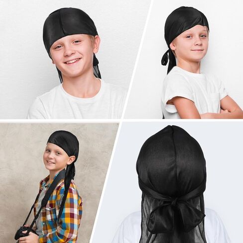 4Pcs Premium Durag Pack for Men Kids Silky Durag with Wave Caps Set Long Tail Wide Strap Headwraps Turban Beanies Satin Doo Rag Soft Elastic Dorag Deluxe Du-rag Over Durag for Boy Girl Hip-hop Decor in Saudi Arabia