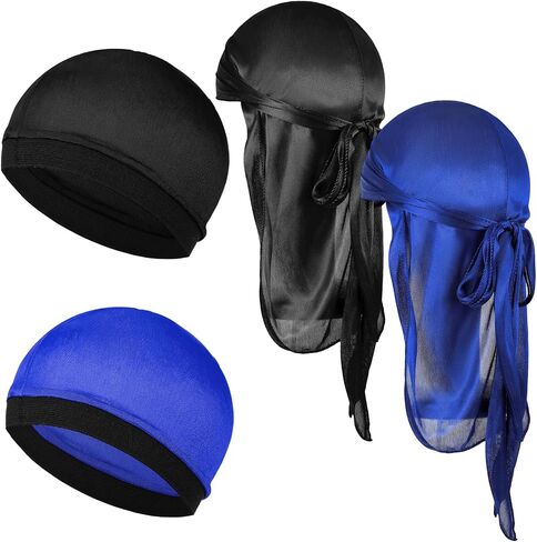 4Pcs Premium Durag Pack for Men Kids Silky Durag with Wave Caps Set Long Tail Wide Strap Headwraps Turban Beanies Satin Doo Rag Soft Elastic Dorag Deluxe Du-rag Over Durag for Boy Girl Hip-hop Decor in Saudi Arabia